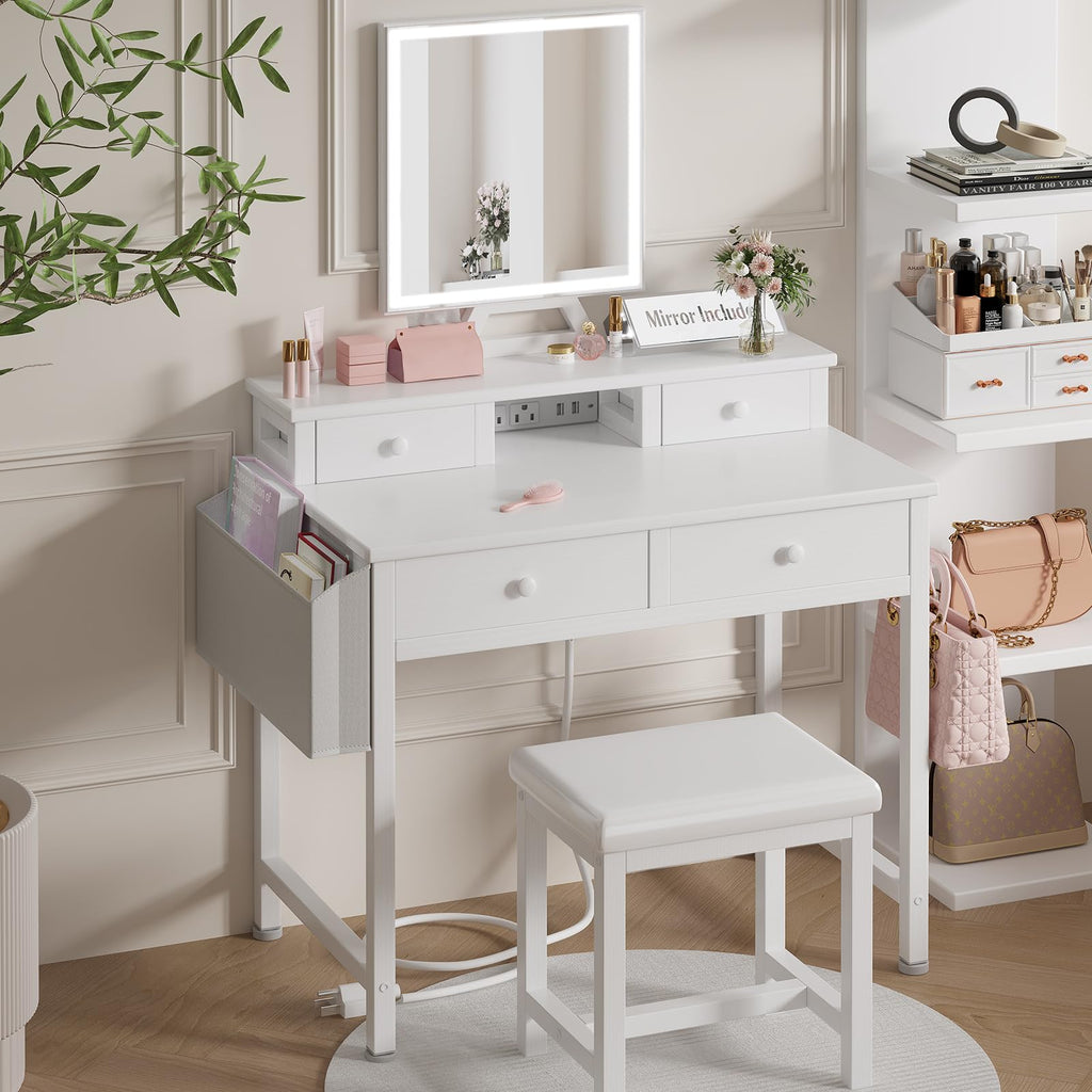 White Makeup Vanity Desk with Mirror and Lights, Chair and Drawers A493