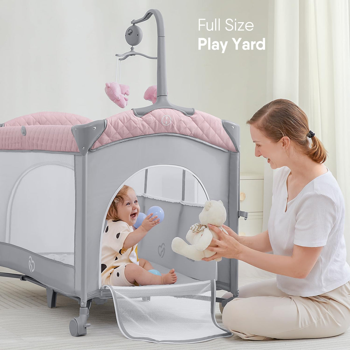 Pink Baby Bassinet Bedside Crib with Mattress F86915