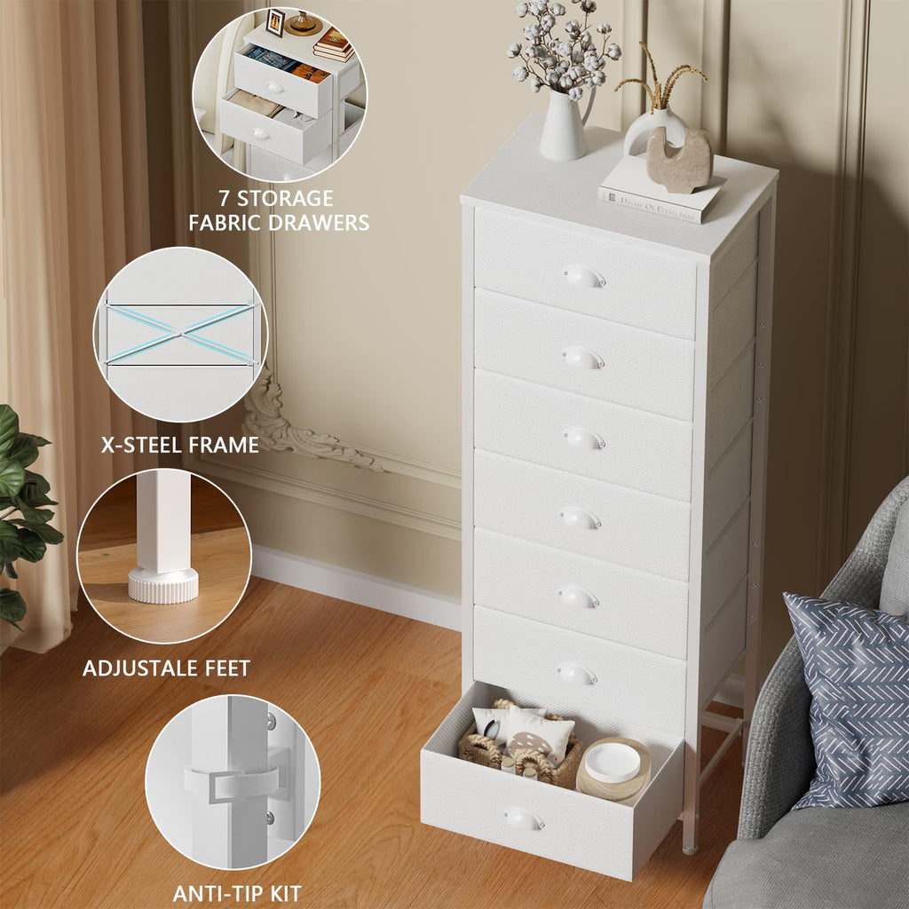 White Tall Dresser with Fabric Drawer N170