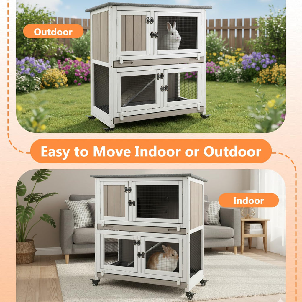 2-Story Wooden Rabbit Hutch with 4 Lockable Wheels J76941