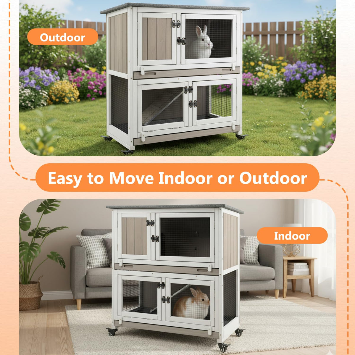 2-Story Wooden Rabbit Hutch with 4 Lockable Wheels J76941