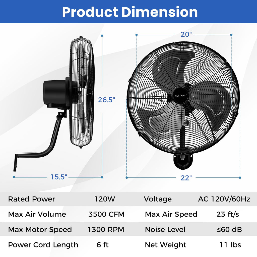 20-inch 3 Speed Metal Wall Mount Fan M412