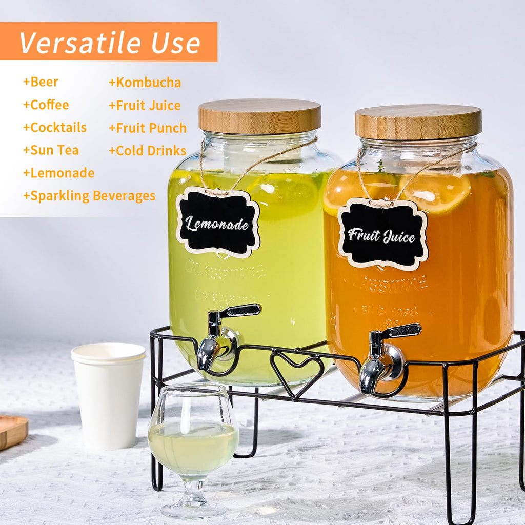 2 Pack 1 Gallon Glass Drink Dispenser with Stand and Fruit Infuser Z478