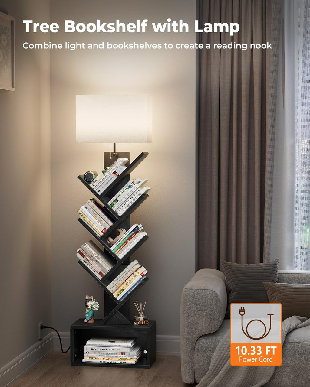 6 Tier Tree Bookshelf with Light, Black H704728