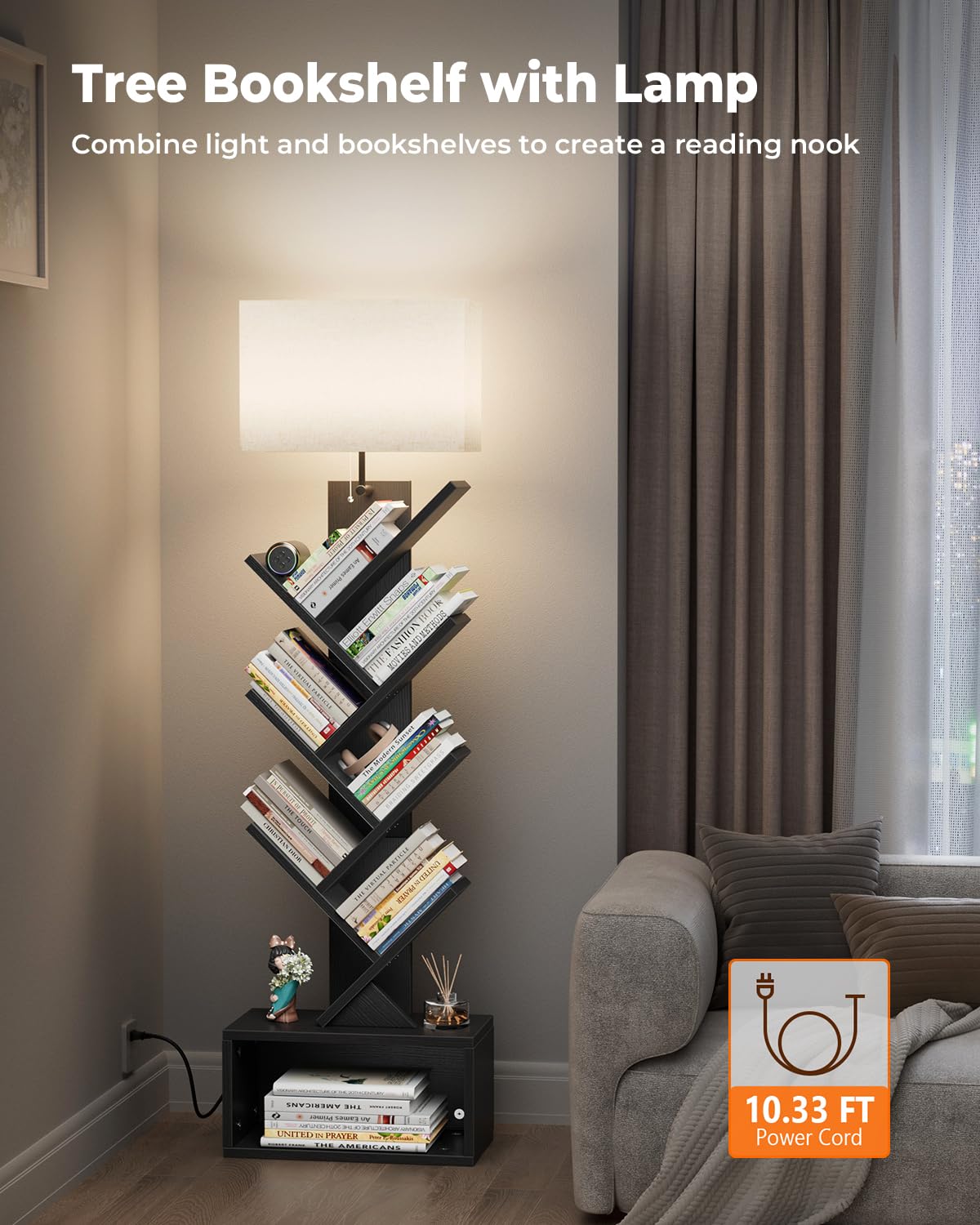6 Tier Tree Bookshelf with Light, Black H704728