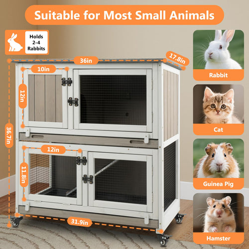 2-Story Wooden Rabbit Hutch with 4 Lockable Wheels J76941
