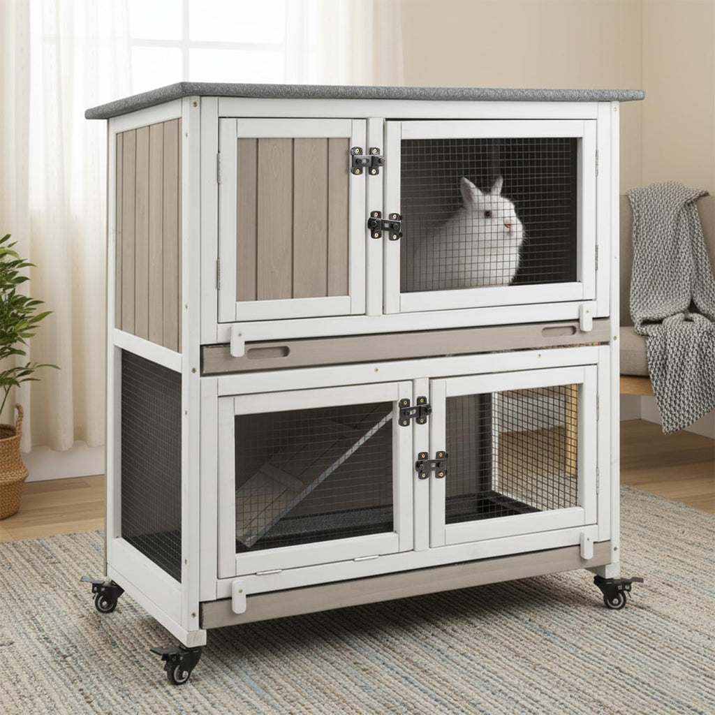 2-Story Wooden Rabbit Hutch with 4 Lockable Wheels J76941