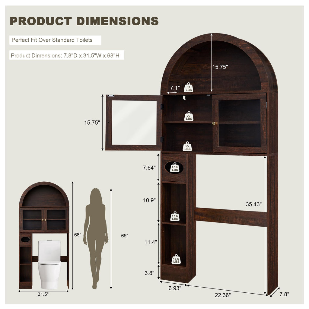 Over the Toilet Storage Cabinet with Arched Top, 68" Tall, Dark Walnut P648