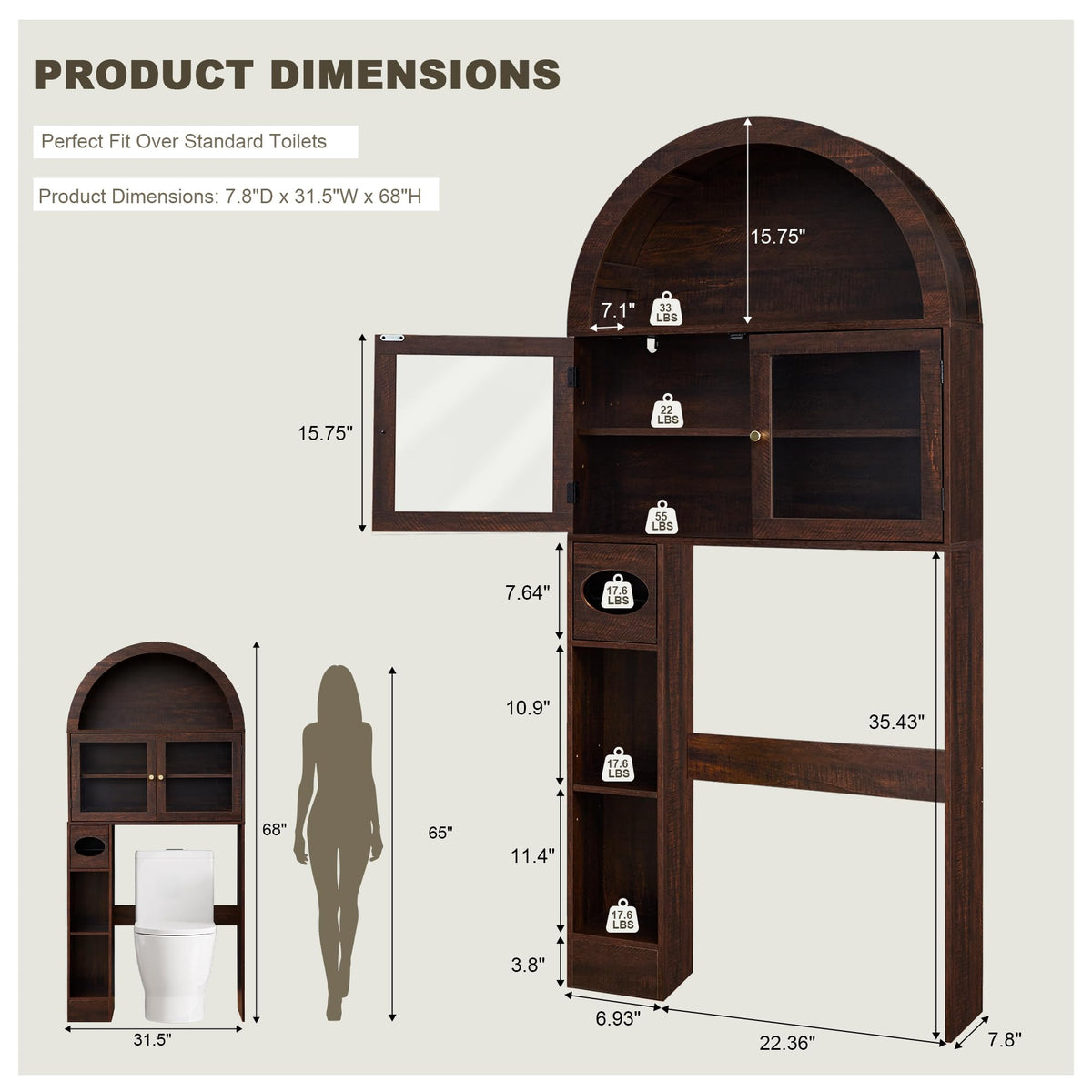 Over the Toilet Storage Cabinet with Arched Top, 68" Tall, Dark Walnut P648