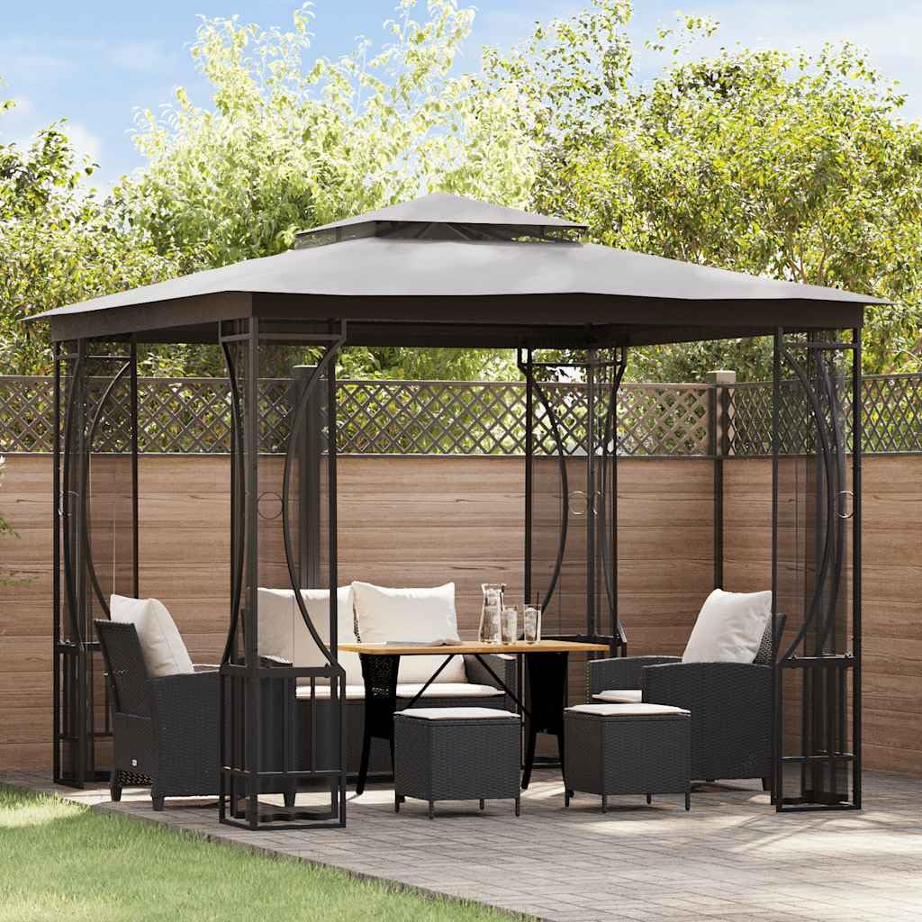 Steel Frame Outdoor Gazebo with Nets 9.8x9.8x8.7 ft, Anthracite Party Tent with Detachable Drapes F113