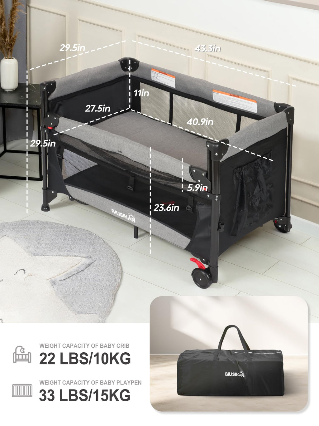 Baby Bassinet, Pack and Play with Bassinet, Bedside Sleeper with Diaper Changer E9551