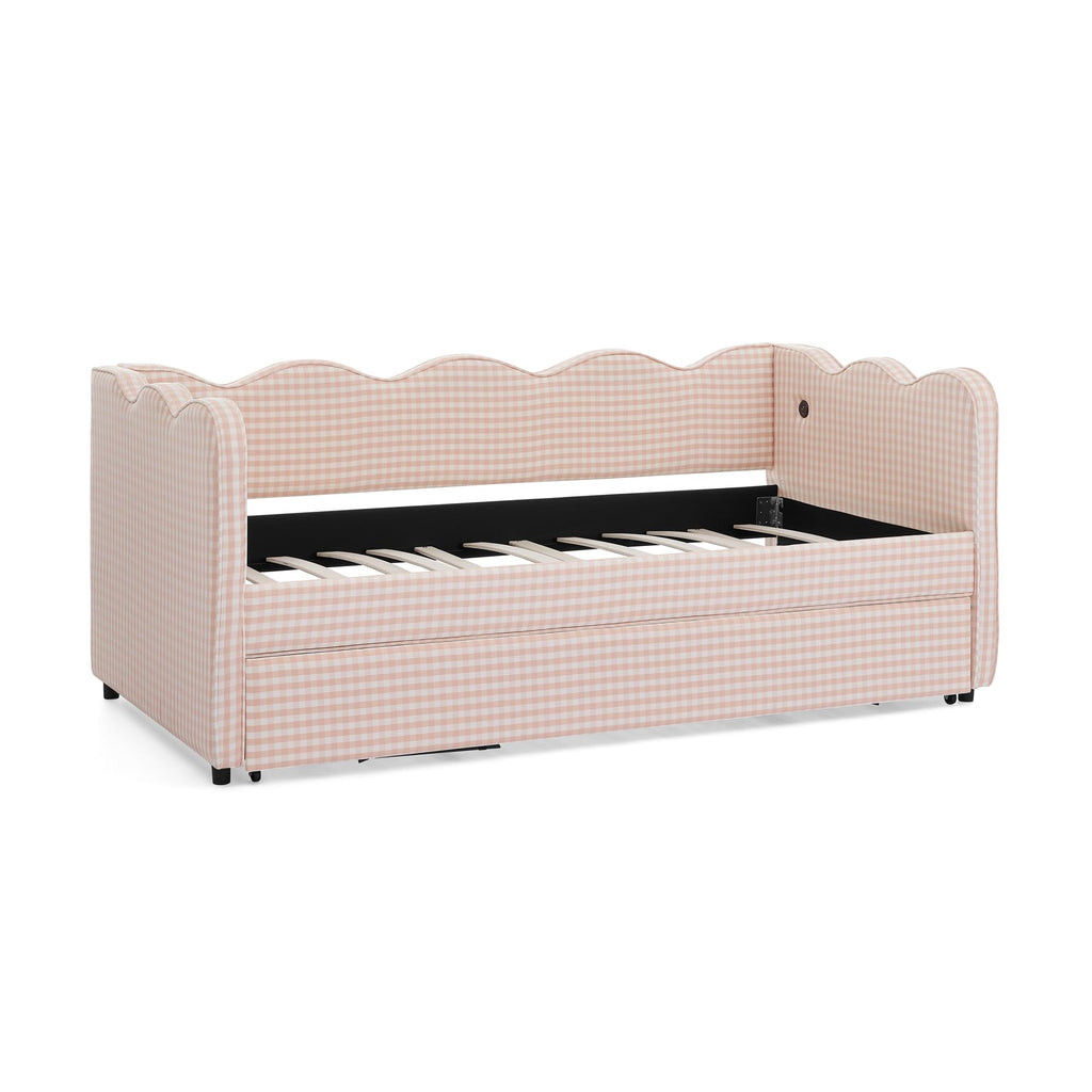 Pink Twin Size Upholstery Daybed with Trundle and USB Q246