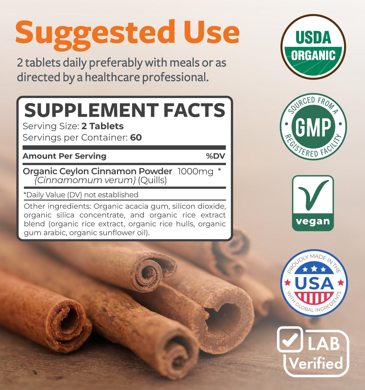 USDA Organic Ceylon Cinnamon 1000mg Vegan Non-GMO Supplement D399473