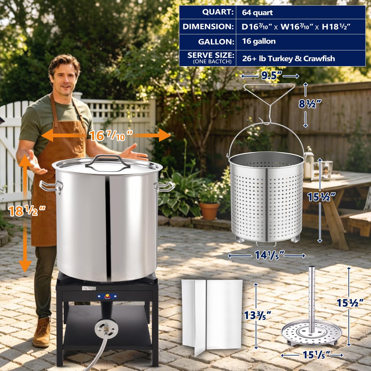 64QT Stainless Steel Stockpot with Basket T3956