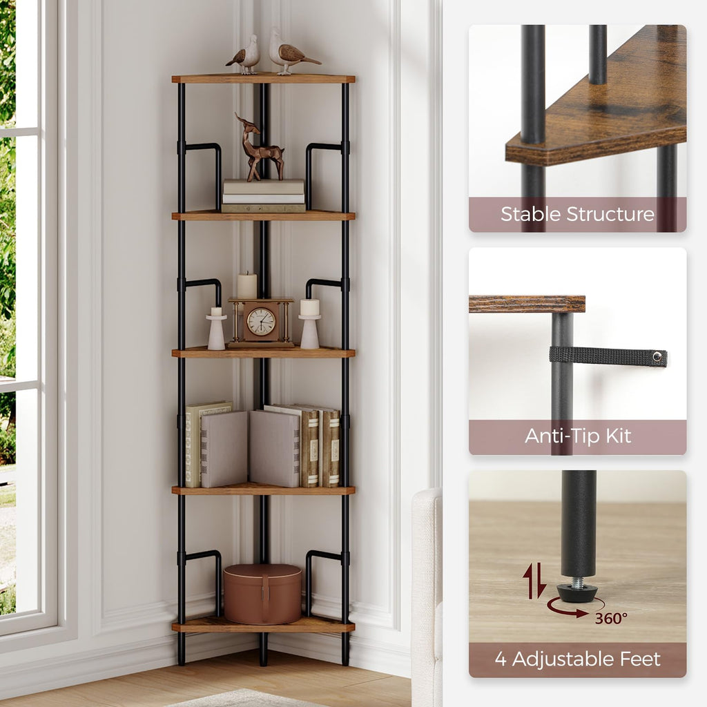 5-Tier Tall Corner Bookshelf with Metal Frame S5732