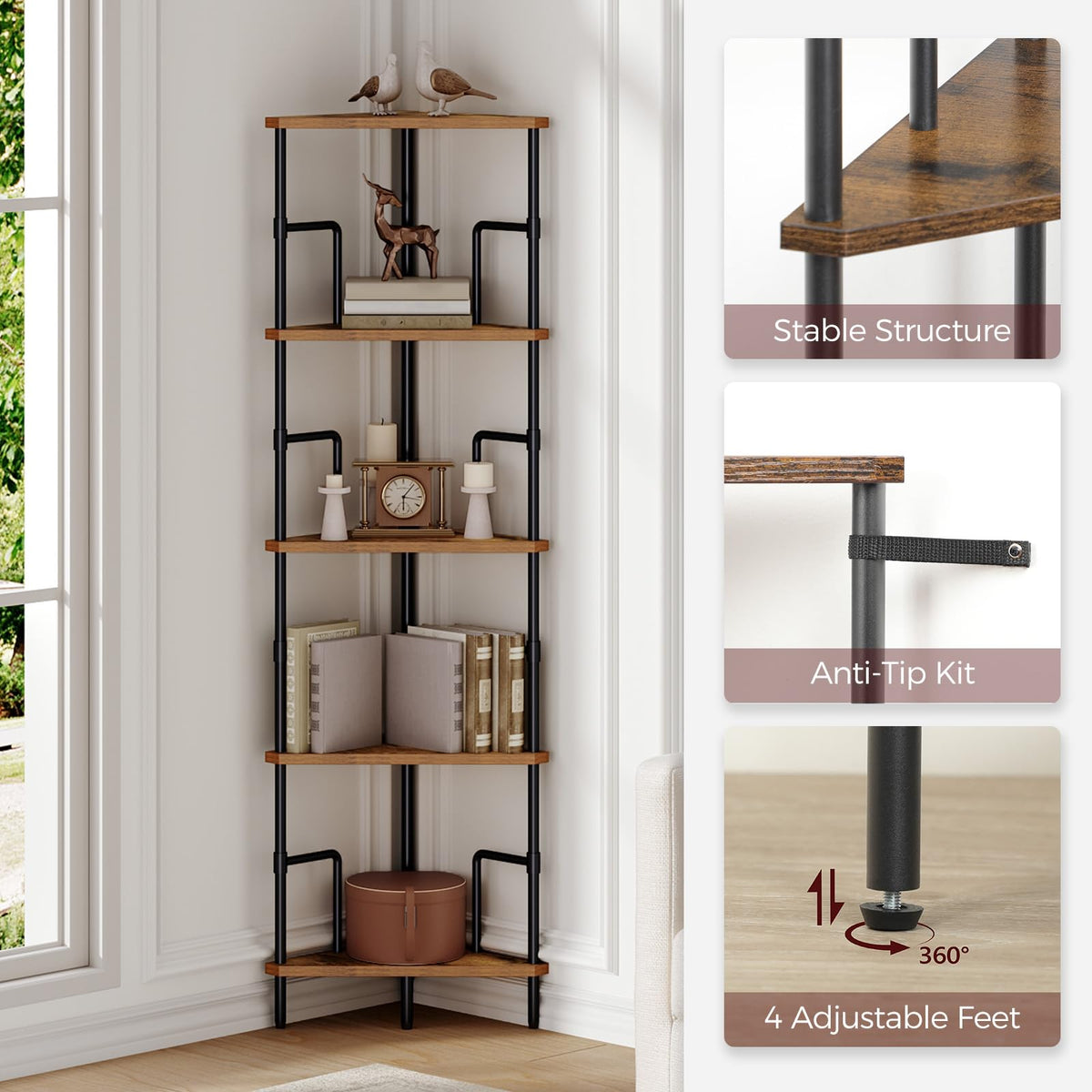 5-Tier Tall Corner Bookshelf with Metal Frame S5732