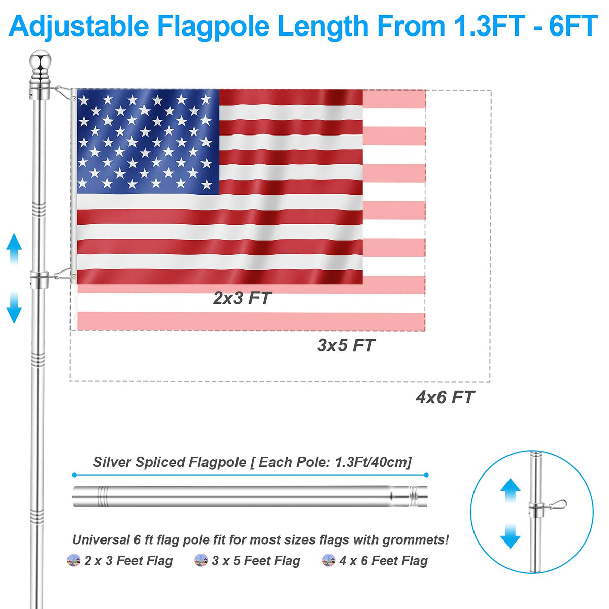 Silver 6 FT Metal Flagpole Kit and 304 Stainless Steel Flagpole Clips U3576