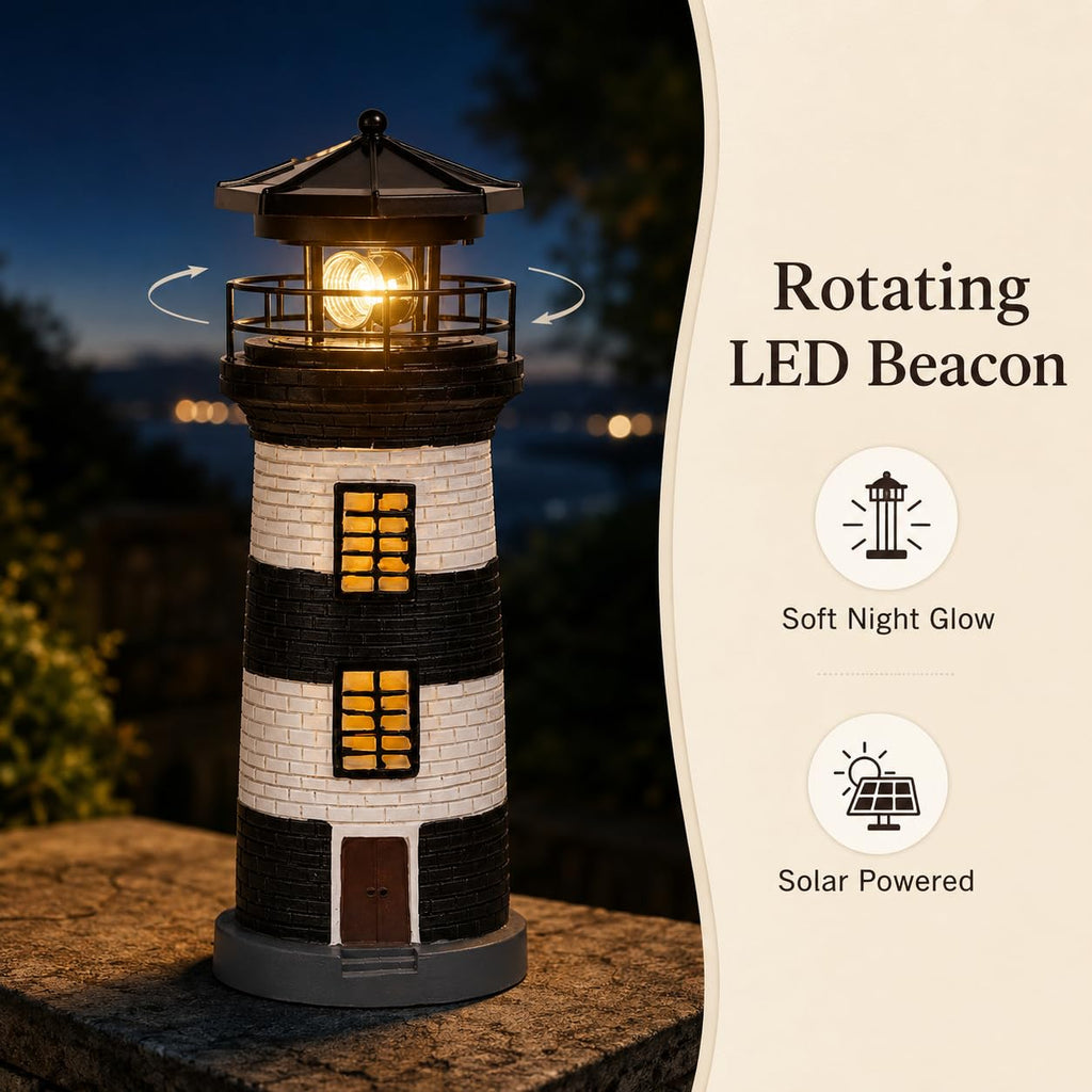 Solar Lighthouse Garden Light, Resin Outdoor Lighthouse Ornament with Rotating LED Beacon L126