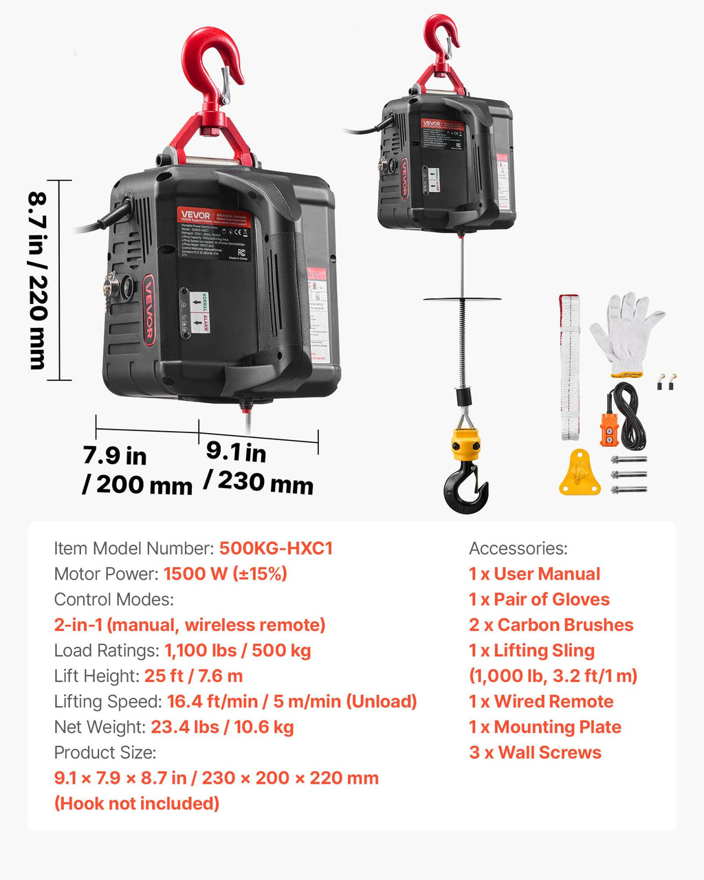 1100 lbs 1500W Electric Hoist Winch with Wired Remote Control R18198