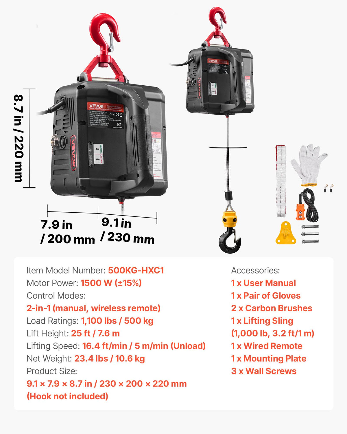 1100 lbs 1500W Electric Hoist Winch with Wired Remote Control R18198