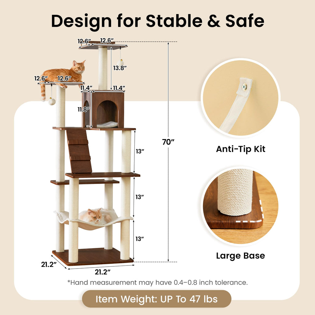 70 inch Tall Multi-Level Cat Tree with Scratching Posts, Perches, Hammock & Pad D762