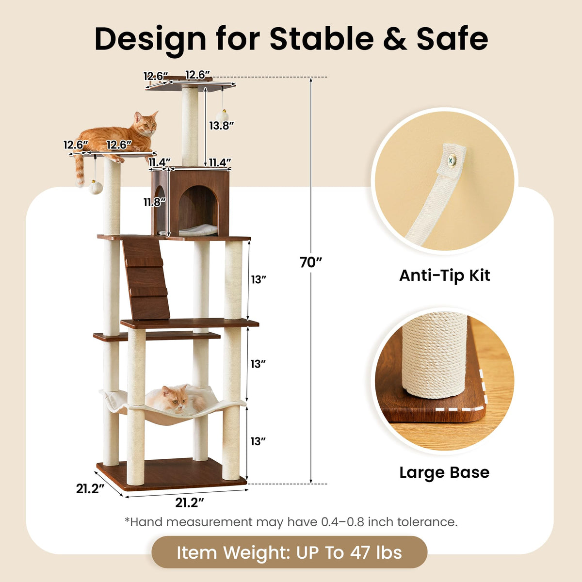 70 inch Tall Multi-Level Cat Tree with Scratching Posts, Perches, Hammock & Pad D762