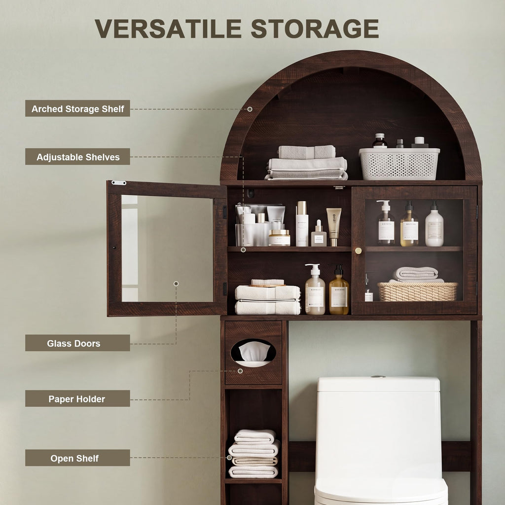 Over the Toilet Storage Cabinet with Arched Top, 68" Tall, Dark Walnut P648