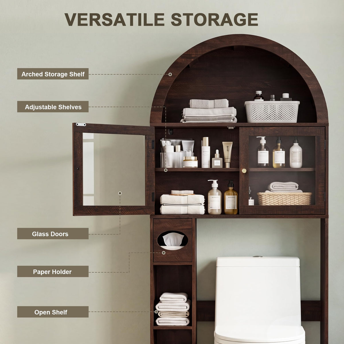 Over the Toilet Storage Cabinet with Arched Top, 68" Tall, Dark Walnut P648