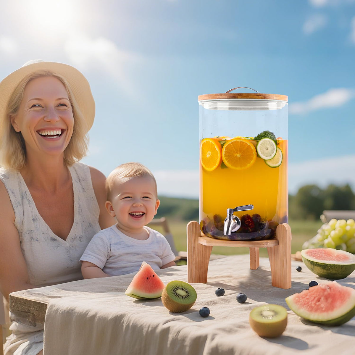 2 Gallon Glass Beverage Dispenser with Wood Stand and Stainless Steel Spigot H937982
