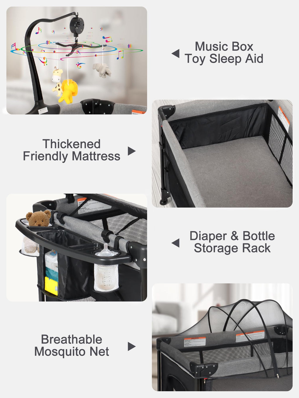 Baby Bassinet, Pack and Play with Bassinet, Bedside Sleeper with Diaper Changer E9551