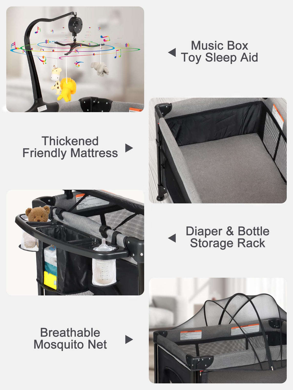 Baby Bassinet, Pack and Play with Bassinet, Bedside Sleeper with Diaper Changer E9551