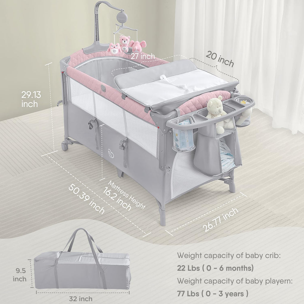 Pink Baby Bassinet Bedside Crib with Mattress F86915