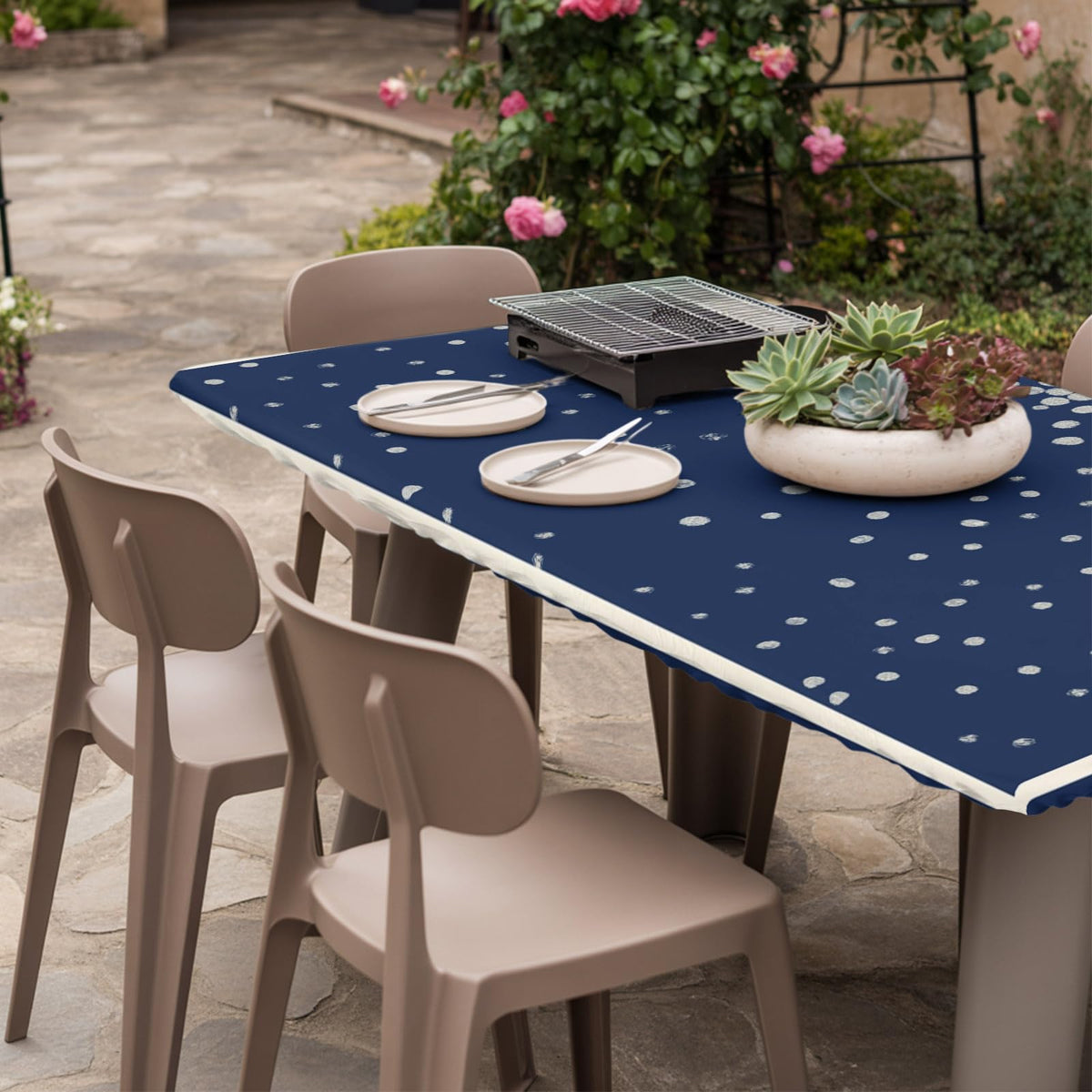 Silver Speckle Fitted Rectangle Tablecloth 32" x 72" Navy Blue Elastic Waterproof Table Cover P275406