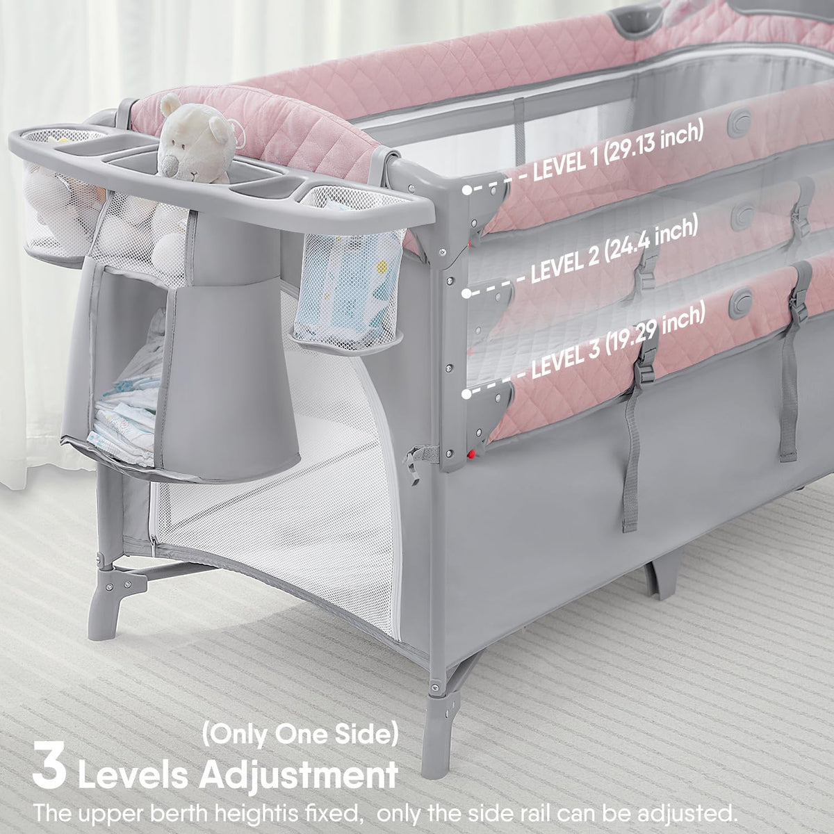 Pink Baby Bassinet Bedside Crib with Mattress F86915