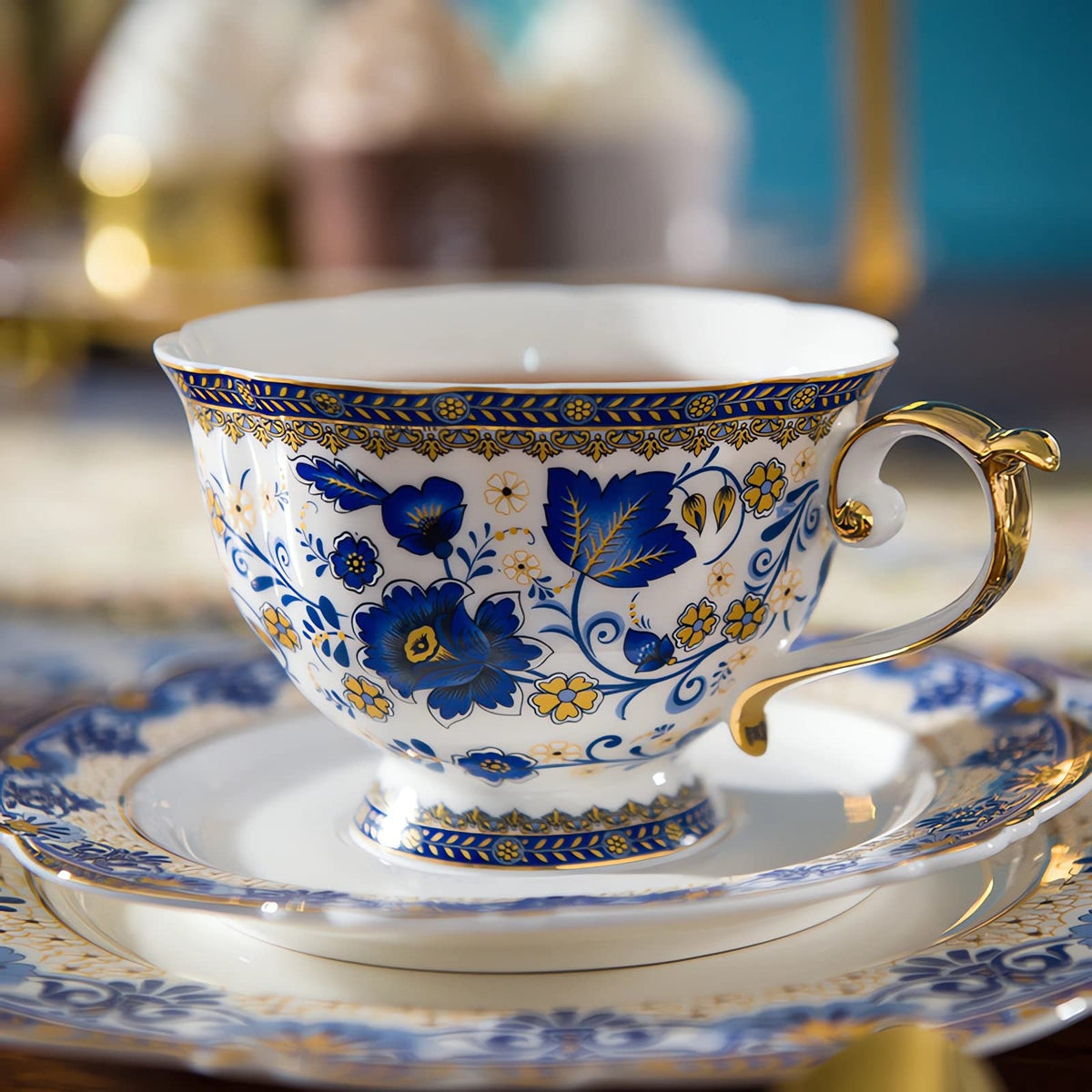 Tea Coffee Cup and Saucer Set, Bone China Dinnerware Set for 4, Blue and White O3804