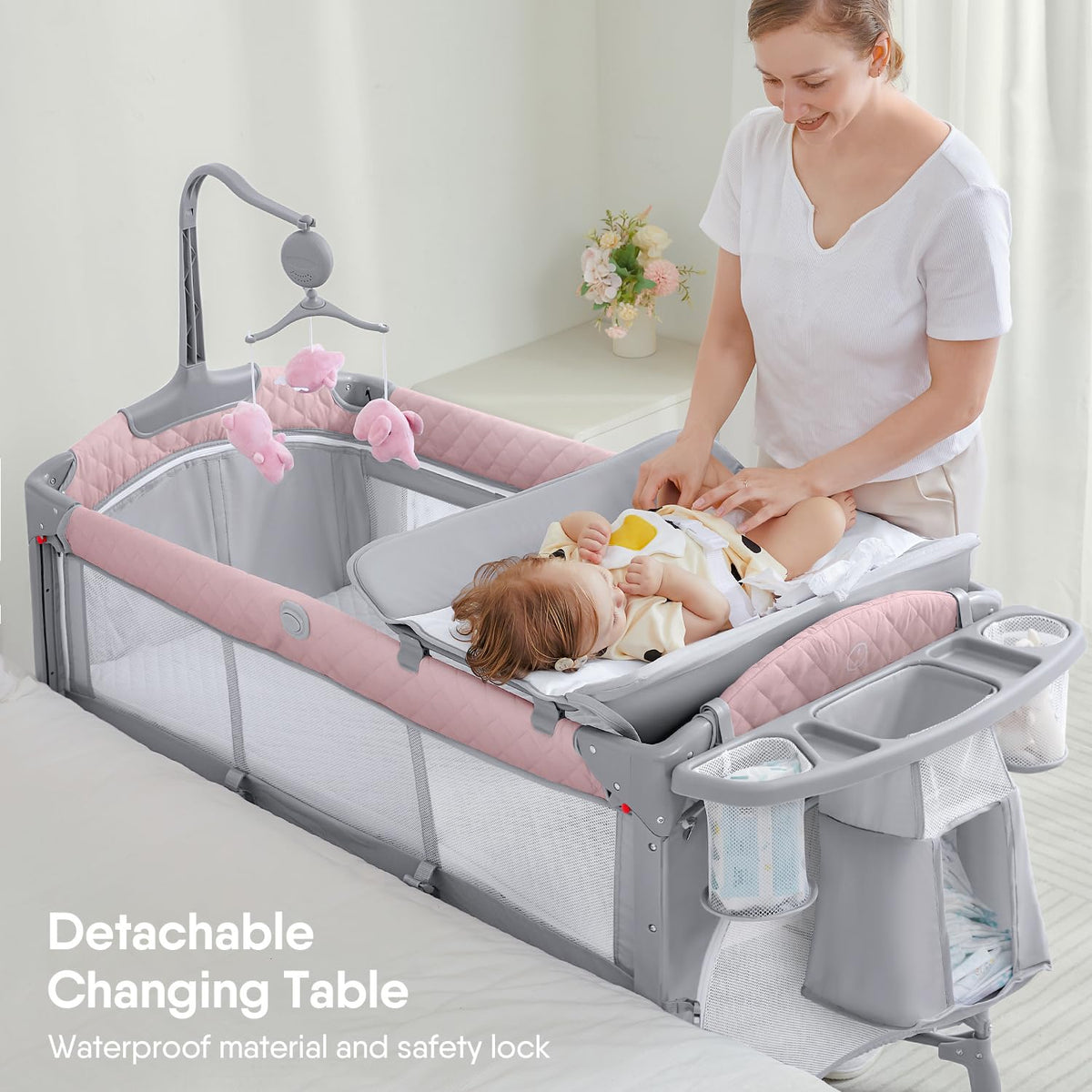 Pink Baby Bassinet Bedside Crib with Mattress F86915