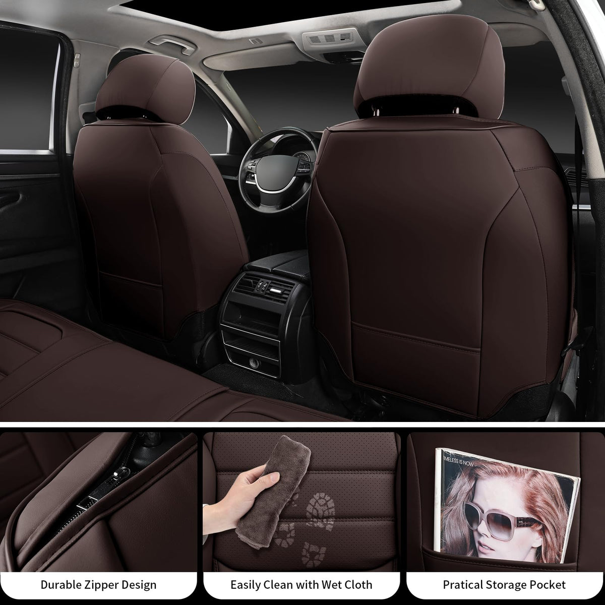 Brown Faux Leather Car Seat Covers Full Set G55043