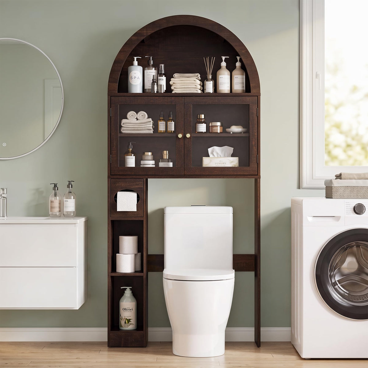 Over the Toilet Storage Cabinet with Arched Top, 68" Tall, Dark Walnut P648