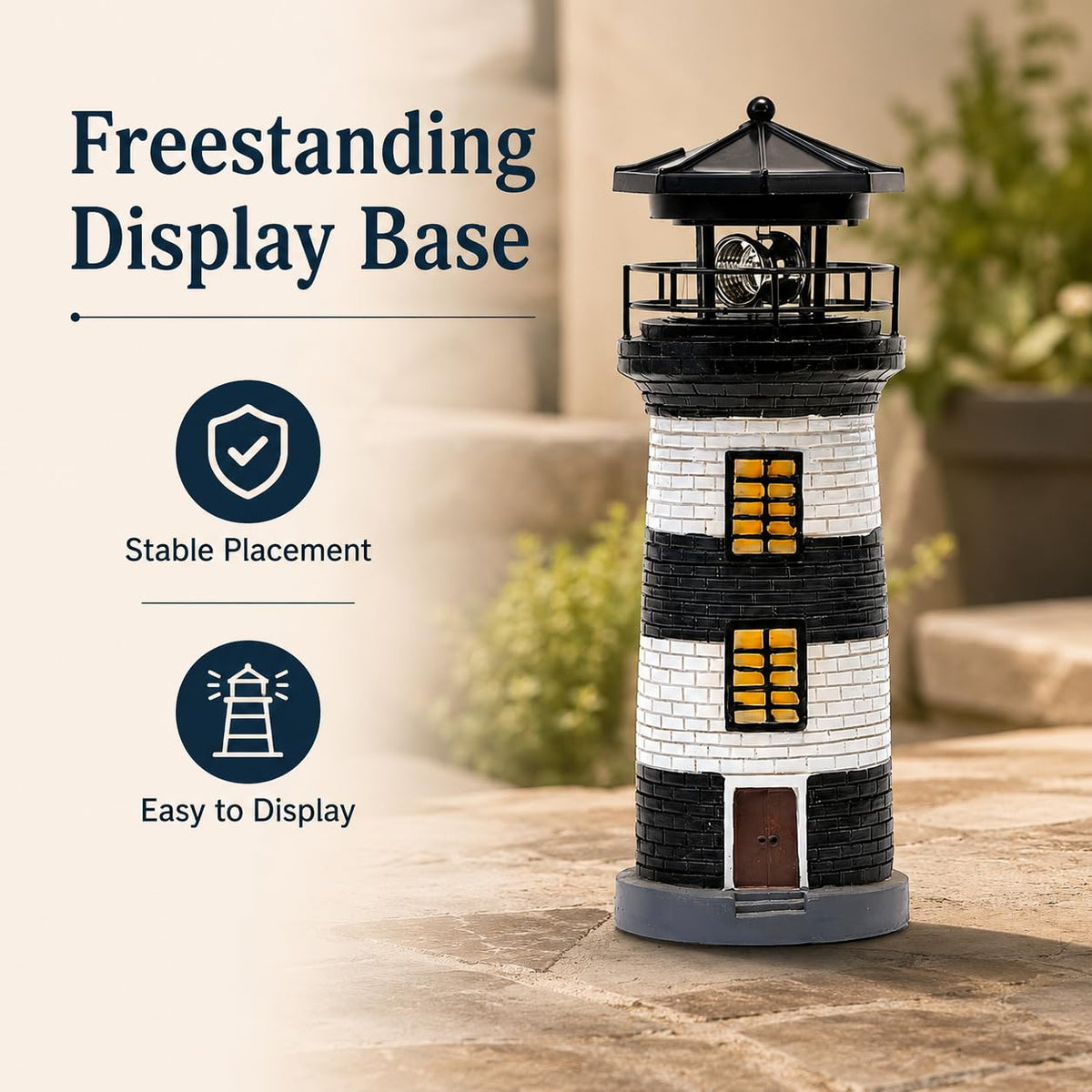 Solar Lighthouse Garden Light, Resin Outdoor Lighthouse Ornament with Rotating LED Beacon L126