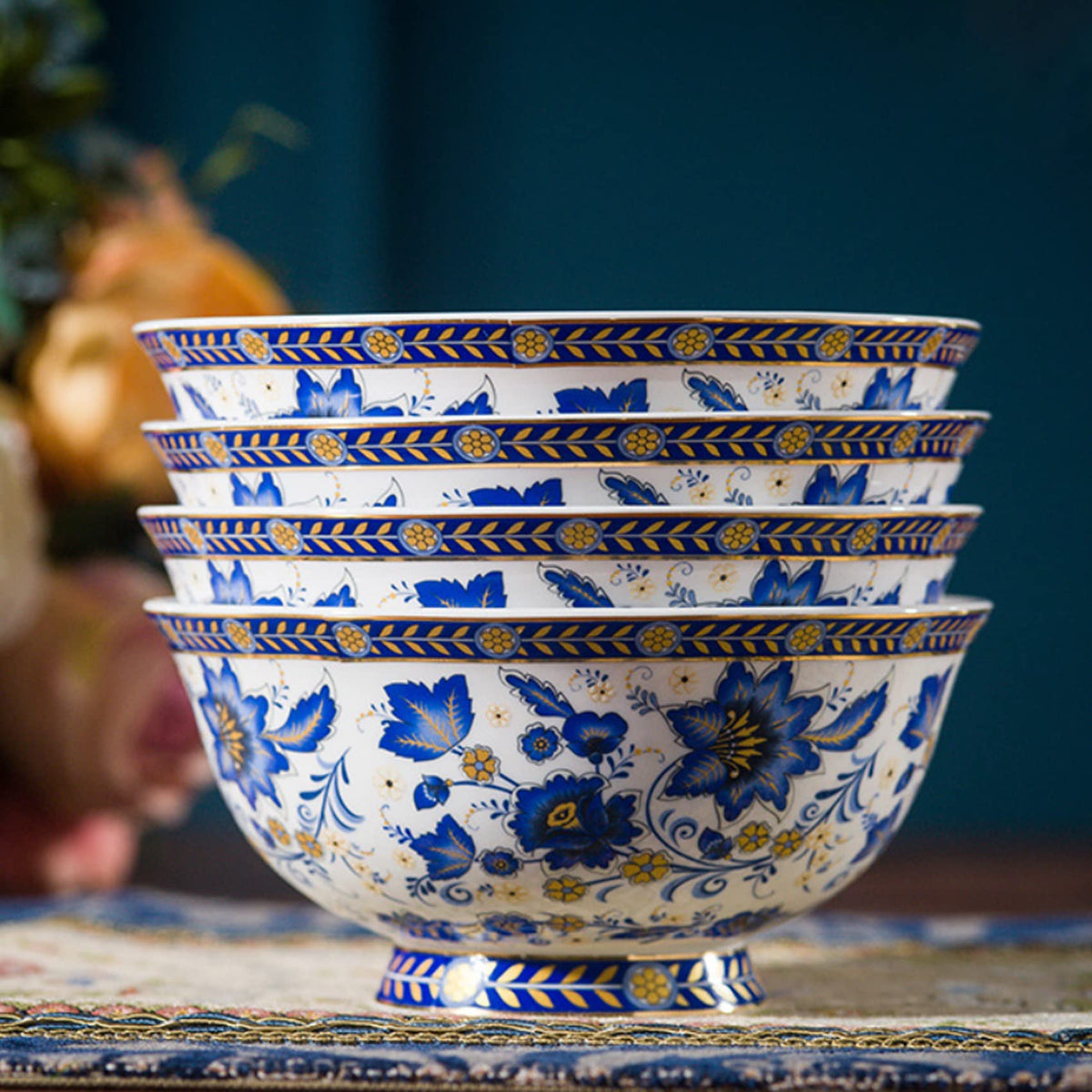 Tea Coffee Cup and Saucer Set, Bone China Dinnerware Set for 4, Blue and White O3804