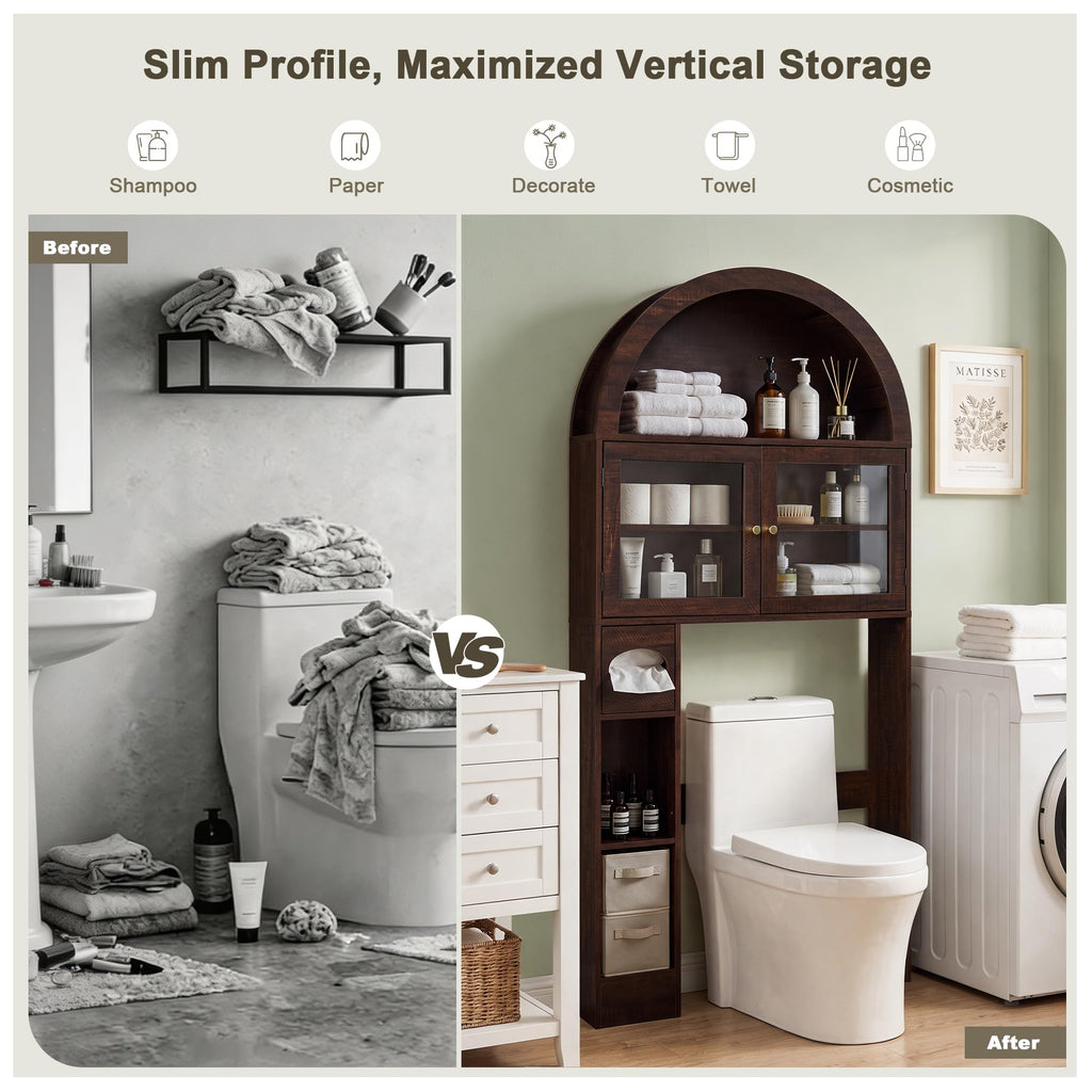 Over the Toilet Storage Cabinet with Arched Top, 68" Tall, Dark Walnut P648