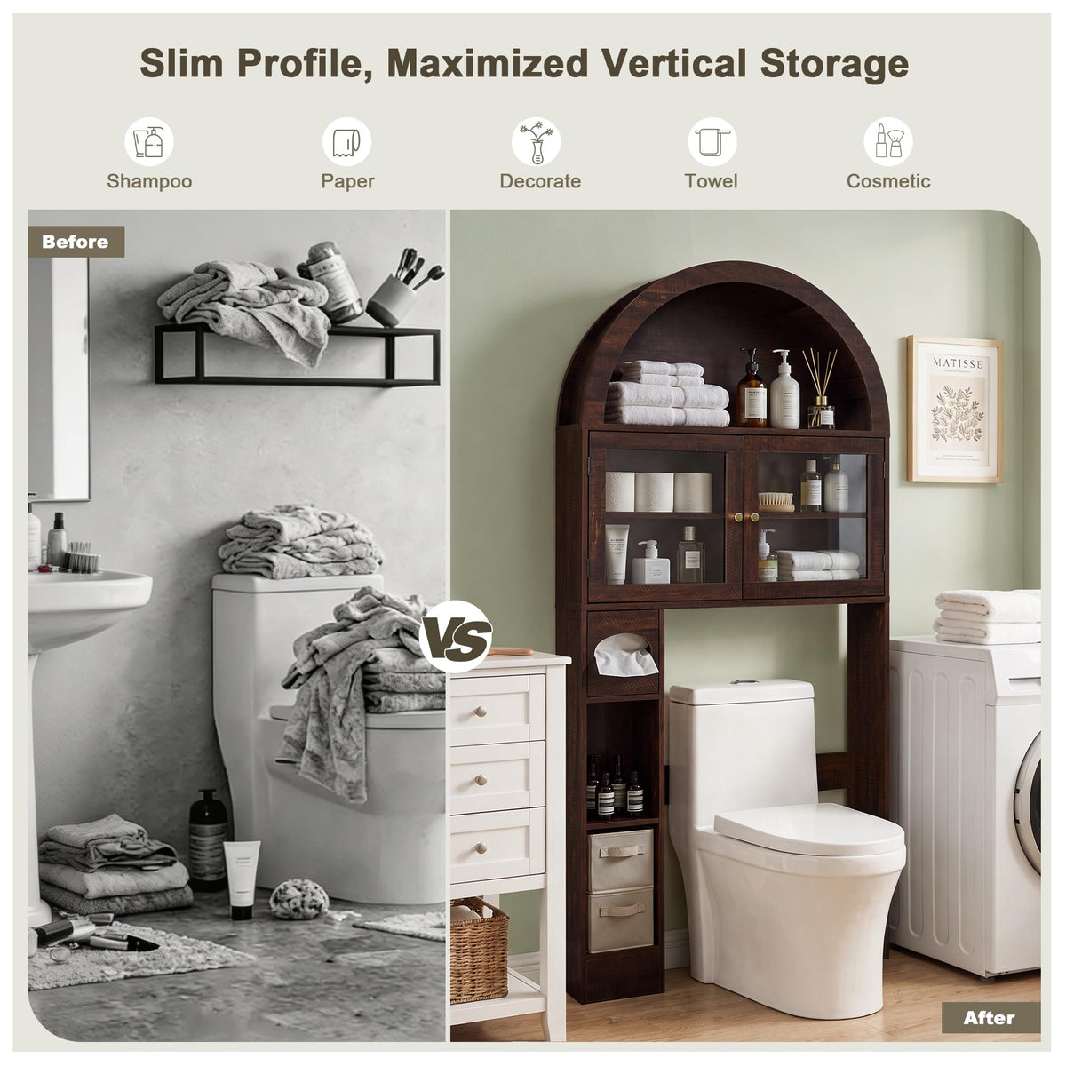 Over the Toilet Storage Cabinet with Arched Top, 68" Tall, Dark Walnut P648