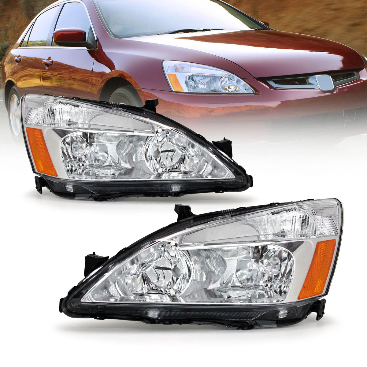 Headlight Assembly for 2003-2007 Honda Accord Chrome Housing Amber Reflector Pair G5957