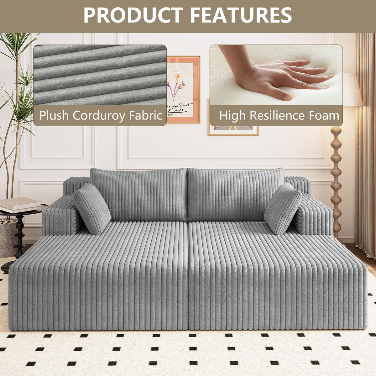 Oversized Corduroy Double Chaise Lounge with 4 Pillow S3220