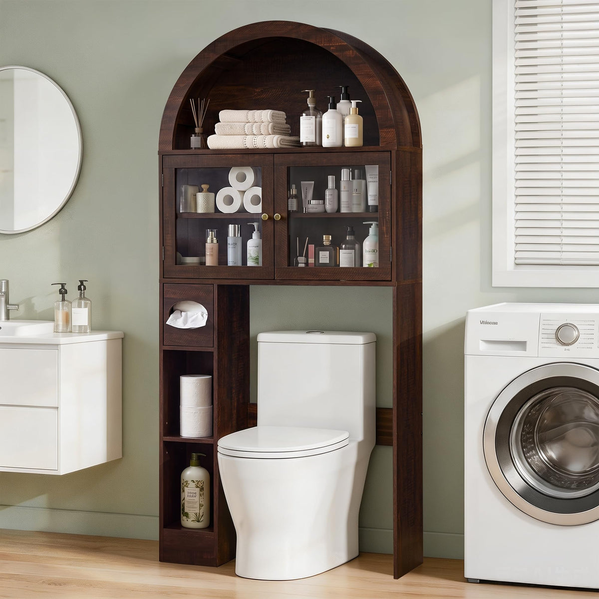 Over the Toilet Storage Cabinet with Arched Top, 68" Tall, Dark Walnut P648