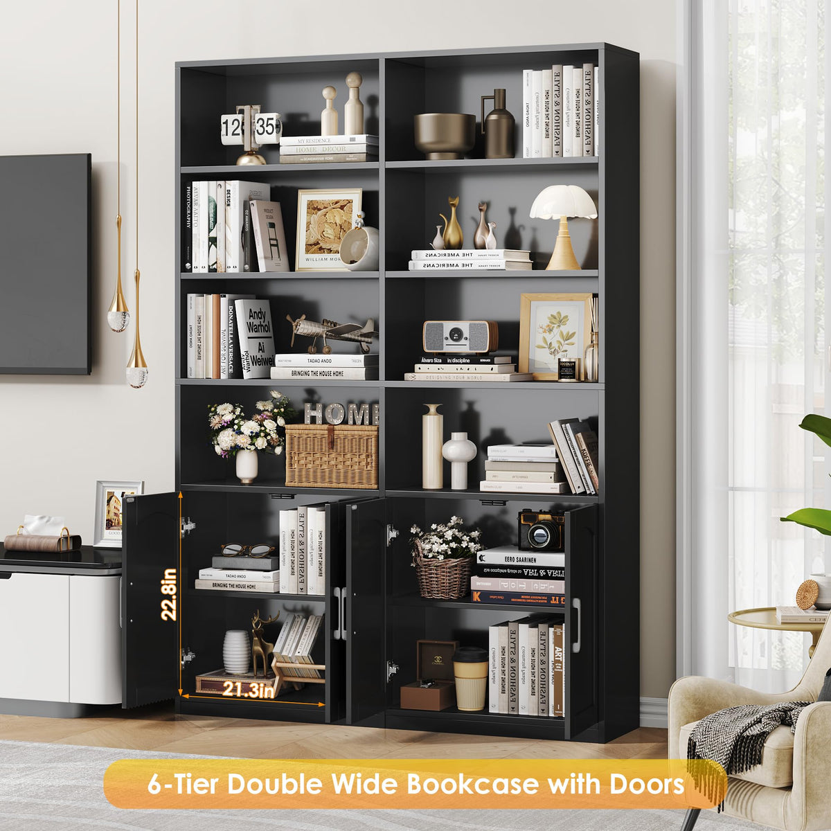 Double Wide Bookshelf and Bookcase with Doors I464