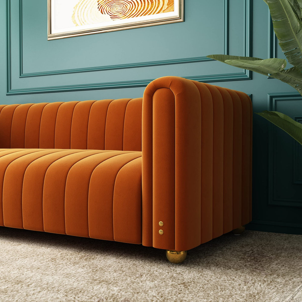 Orange Velvet Tufted 3-Seater Sofa K21970