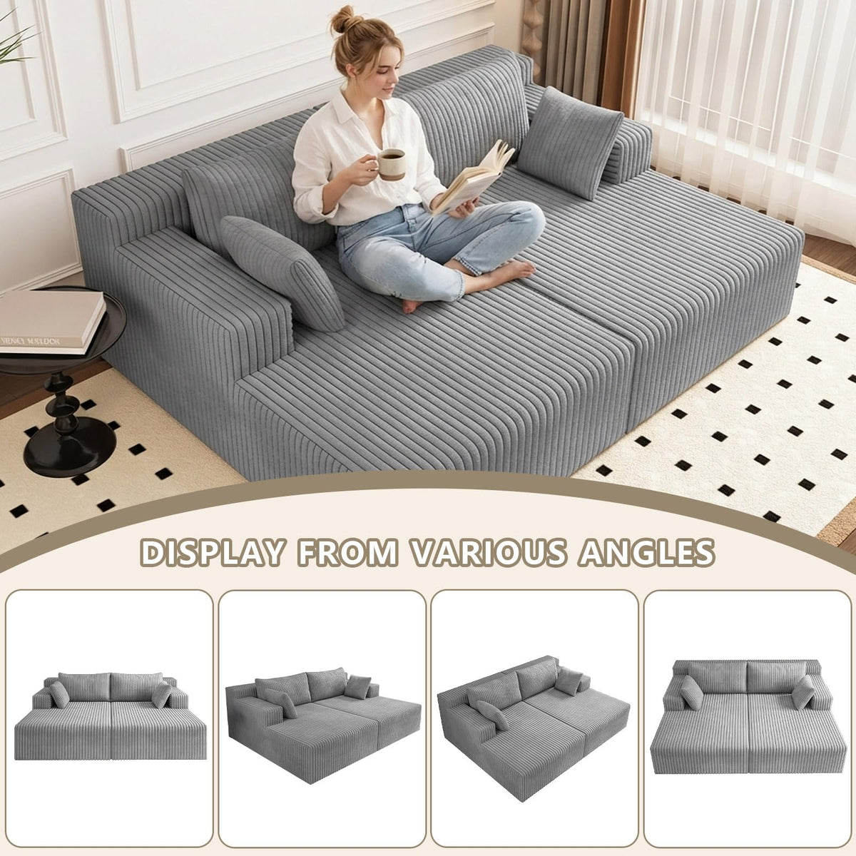 Oversized Corduroy Double Chaise Lounge with 4 Pillow S3220