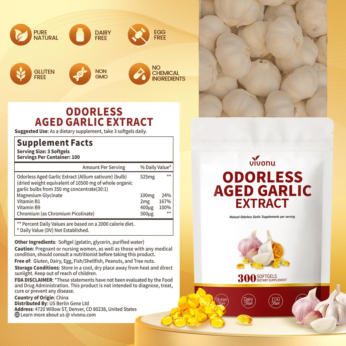 Aged Garlic Extract Capsules, 300 Softgels, Odorless, Gluten Free I5369