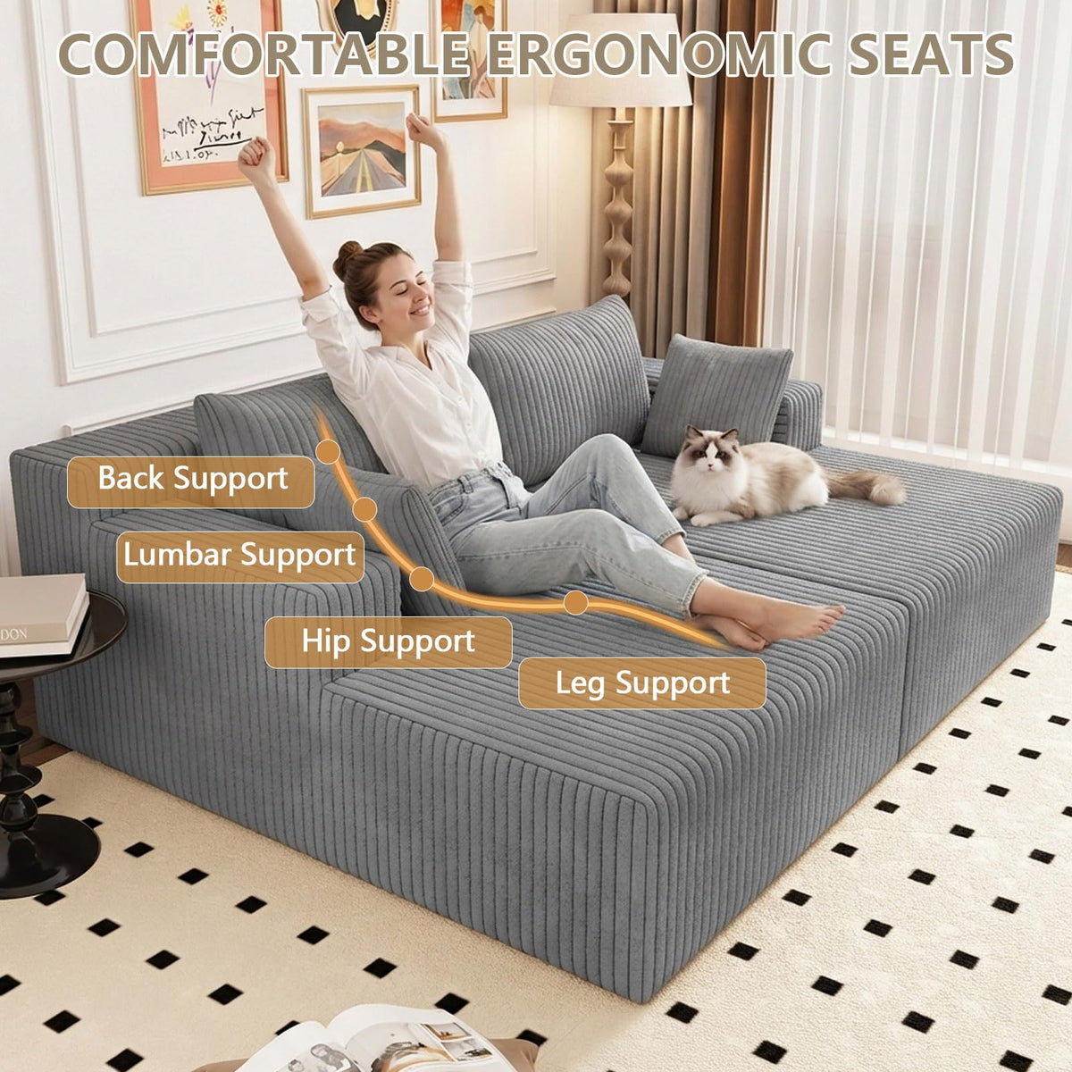 Oversized Corduroy Double Chaise Lounge with 4 Pillow S3220